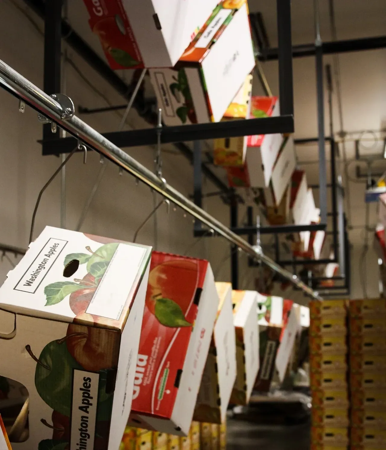 A bunch of boxes hanging from the ceiling